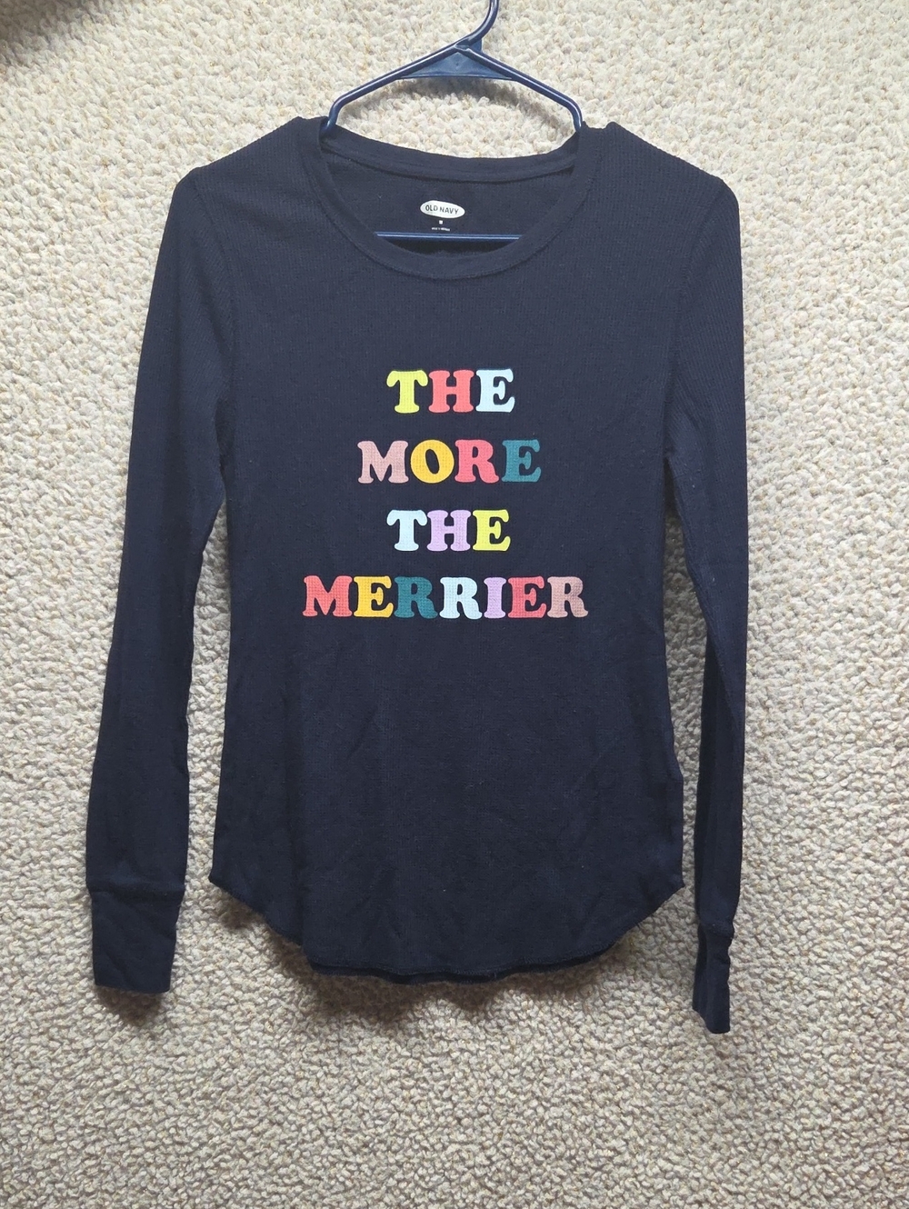 Old Navy Black Long-Sleeve Tee with Multicolor Block Lettering